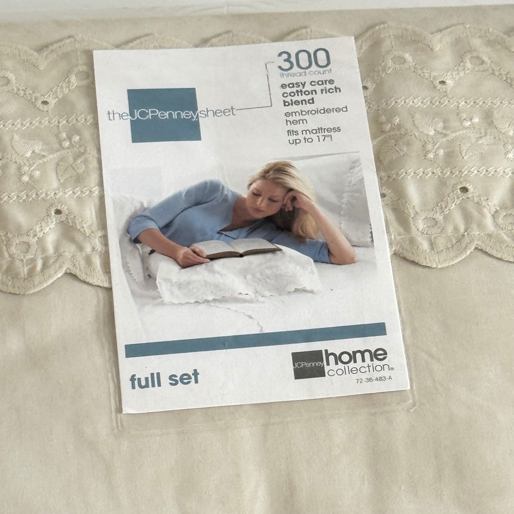 VTG JCPenney Home Collection Full Sheet Set 300 TC Ivory Lace Embroidered 4pc